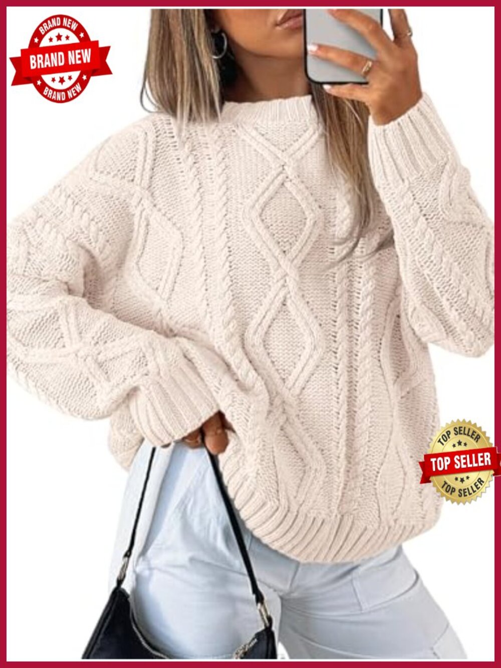 Women's Oversized Cable Knit Long Sleeve Crew Neck Sweater Pullover